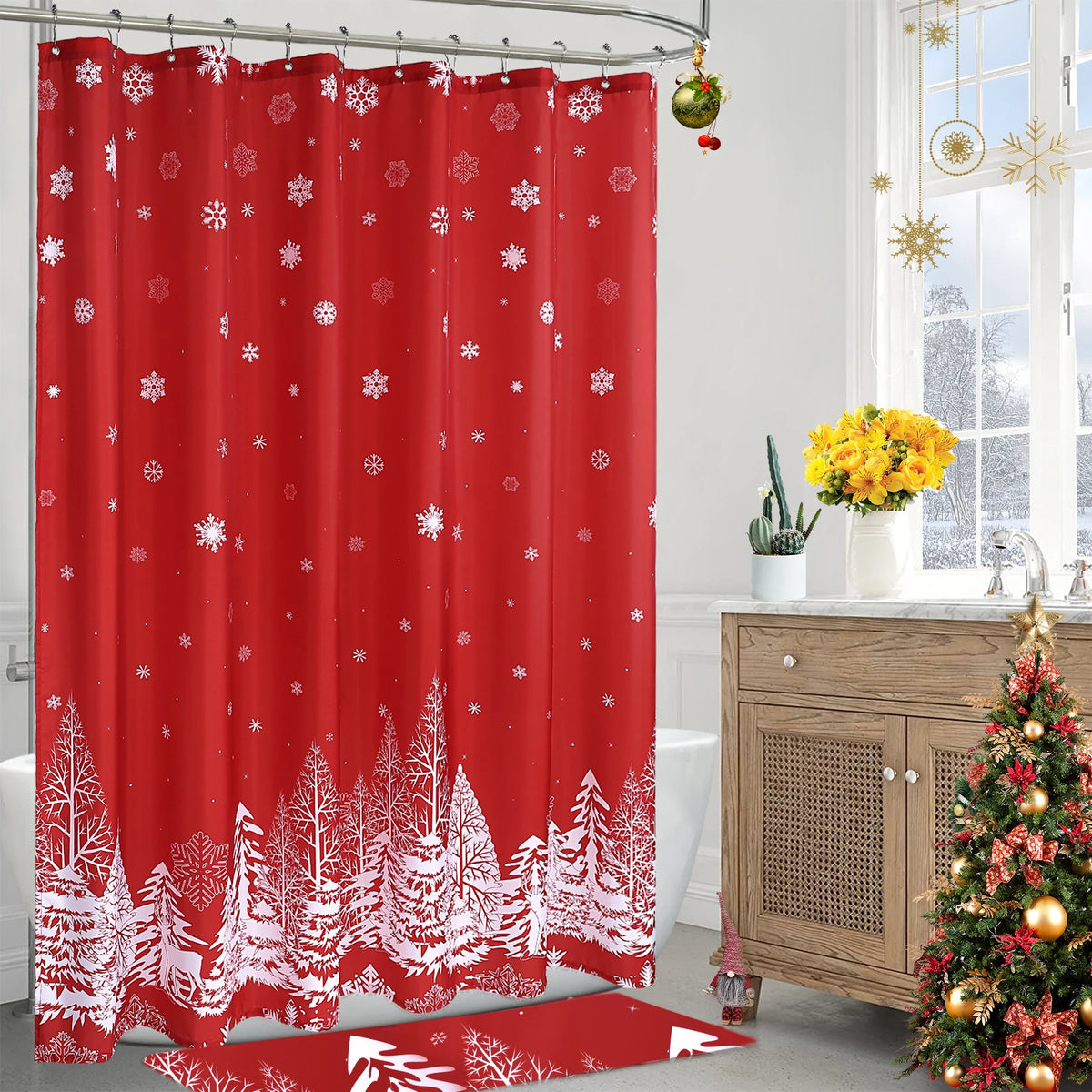 72 × 72 Inch Christmas Shower Curtain – Christmas Tree & Snowflake Fabric Bathroom Curtain for Bathtub and Shower Décor.