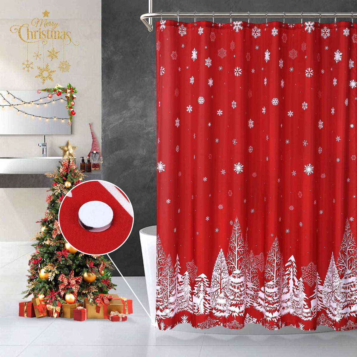 72 × 72 Inch Christmas Shower Curtain – Christmas Tree & Snowflake Fabric Bathroom Curtain for Bathtub and Shower Décor.