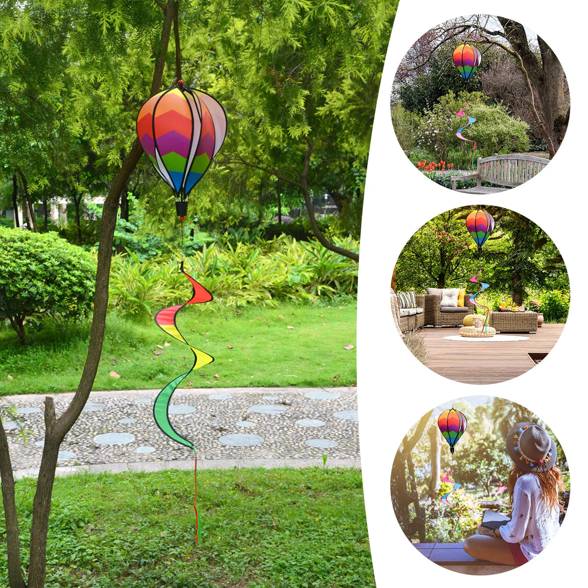 Rainbow Hot Air Balloon Wind Spinner – Kinetic Hanging Garden Decoration.