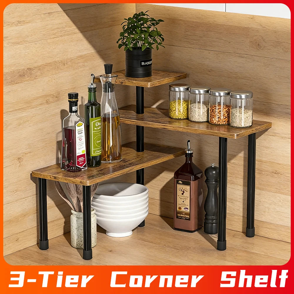 3-Tier Corner Shelf with Metal Frame – Space-Saving Countertop Organizer.