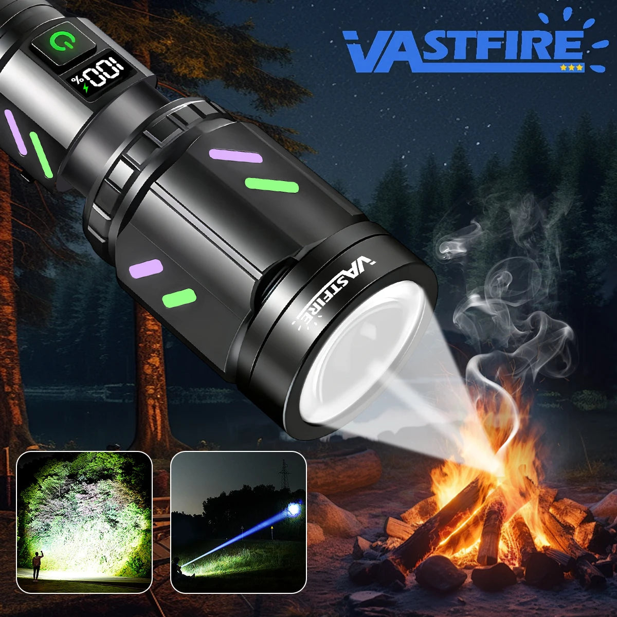 Zoomable Tactical LED Flashlight – USB Rechargeable Torch with Focused Beam, Laser Pointer & Outdoor Light.