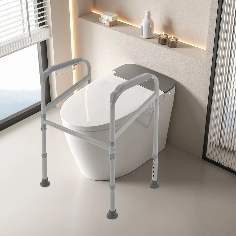 Toilet Support Frame with Grab Bars – Adjustable Height Steel Bathroom Safety Rail with Non-Slip Grip..