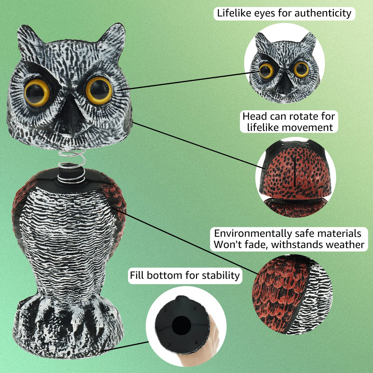360° Rotating Fake Owl Decoy – Motion-Activated Bird Deterrent with Moving Head.