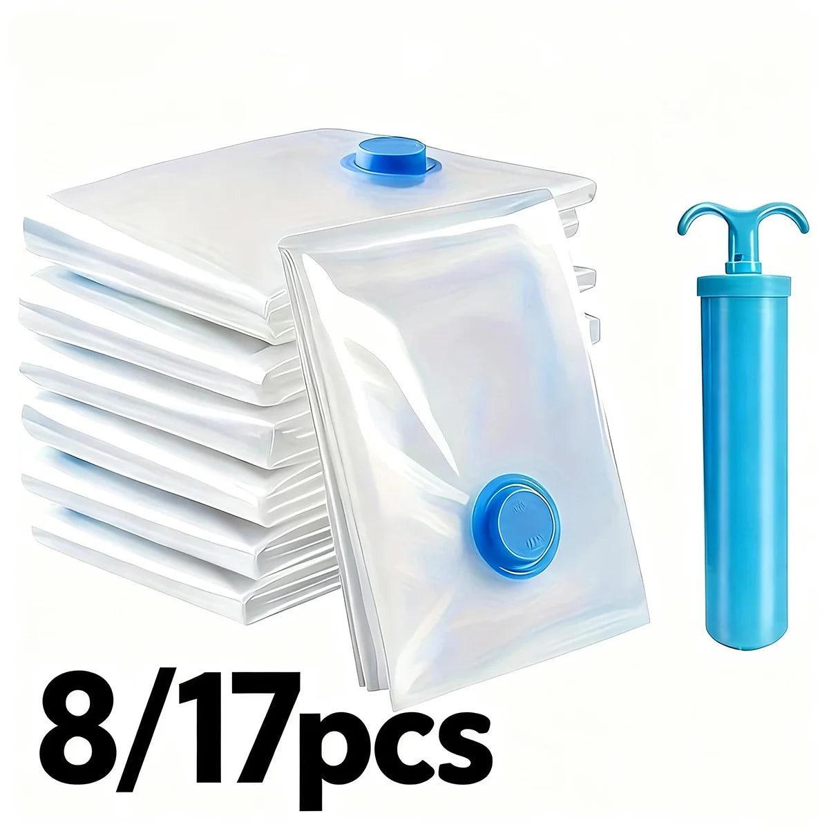 8/17-Piece Vacuum Storage Bags with Hand Pump – Space-Saving Clothing & Travel Storage Bags.