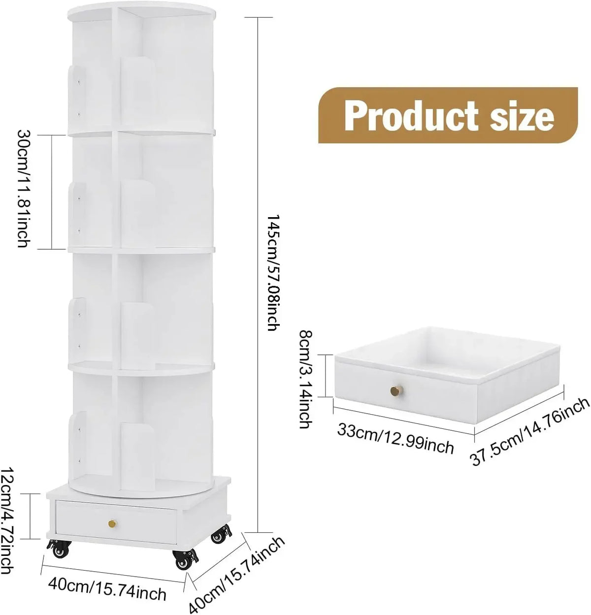 4-Tier Rotating Wooden Bookshelf with Drawer & Wheels – Movable Corner Storage Rack for Home, Study & Bedroom.