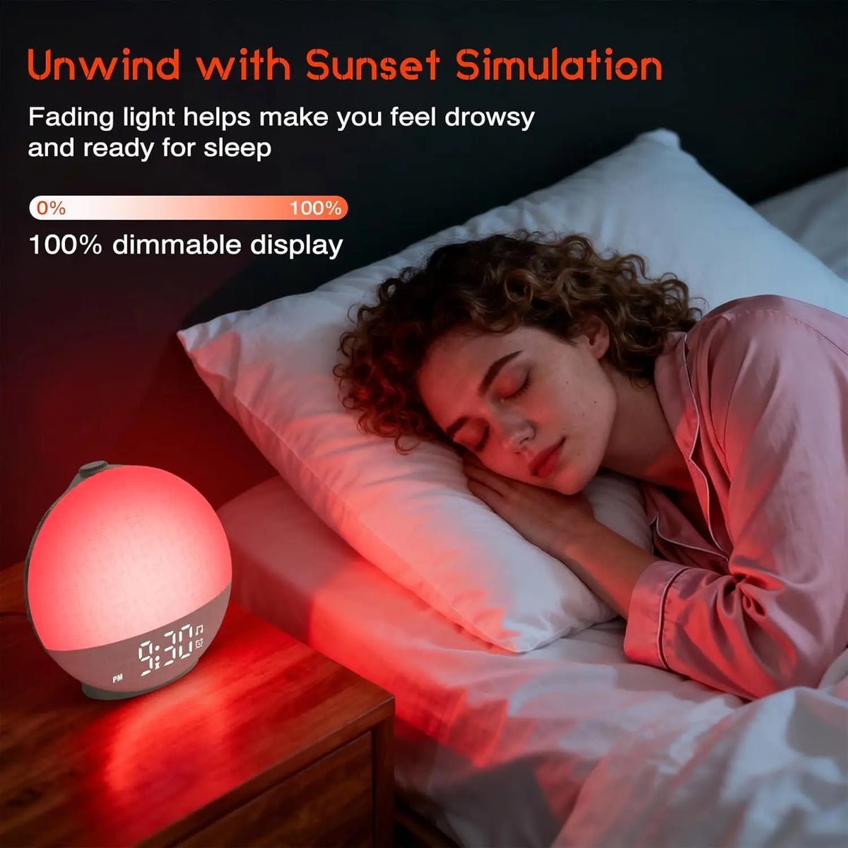Sunrise Wake-Up Light & Night Lamp – Dimmable Alarm Clock with White Noise, 30 Soothing Sounds & 12-Colour Night Light.