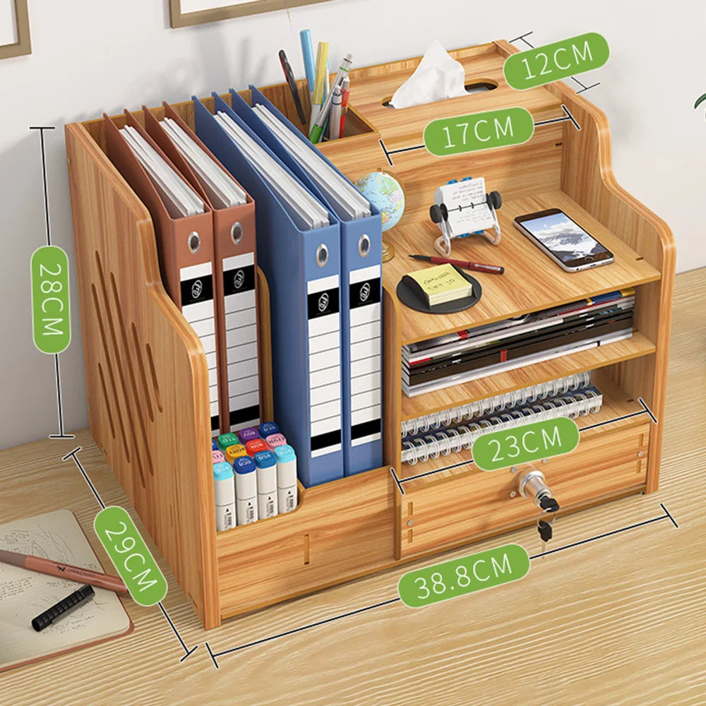 Cherry Wood Multi-Layer Desk Organizer with Lock – Desktop Storage Box.