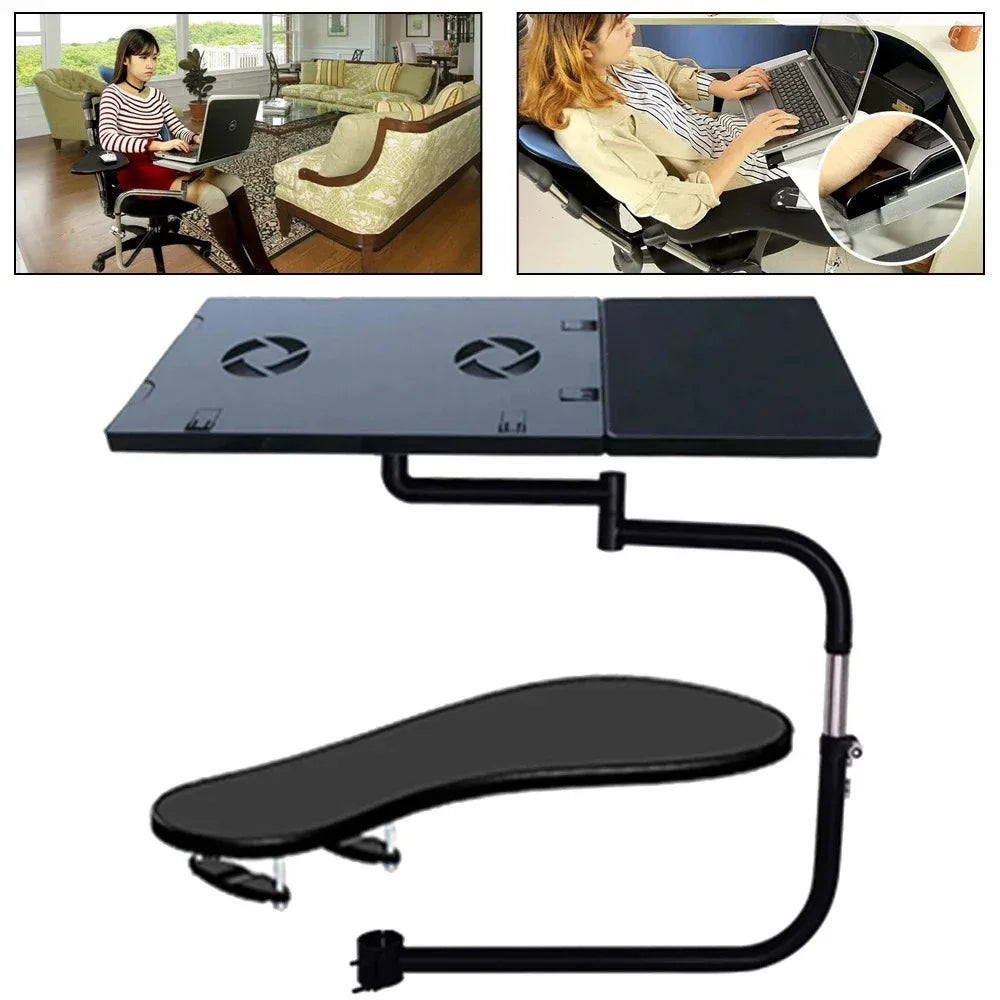 Chair-Mounted Keyboard & Laptop Holder with Mouse Pad, USB Fan & Wrist Support.