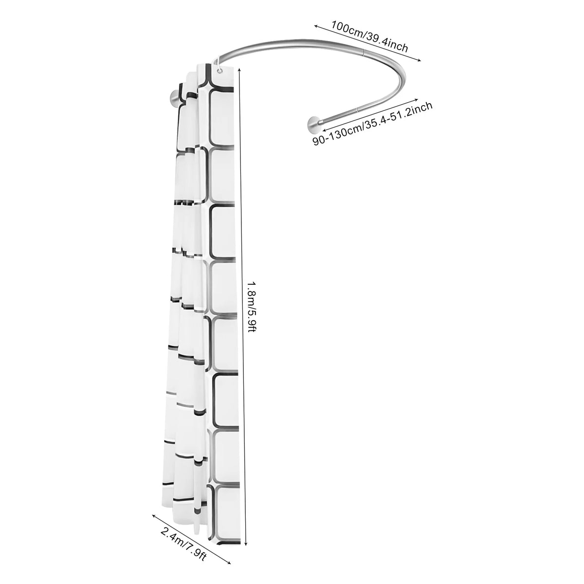 Extendable U-Shaped Shower Curtain Rod – Adjustable Curved Bathroom Curtain Rail.