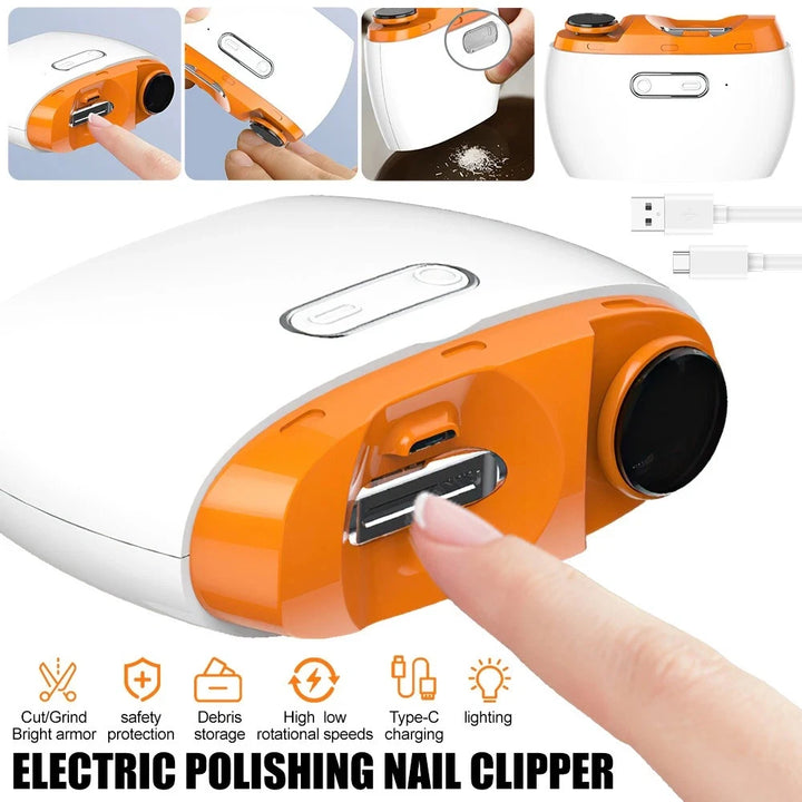 2-in-1 Automatic Electric Nail Clipper – Nail Trimmer & Grinder with LED Light, USB Rechargeable Nail Polisher.