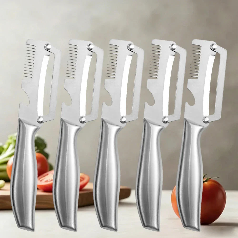 Multi-Function Vegetable Peeler – Stainless Steel Blade Kitchen Peeler with Wooden/Steel Handle & Bottle Opener.