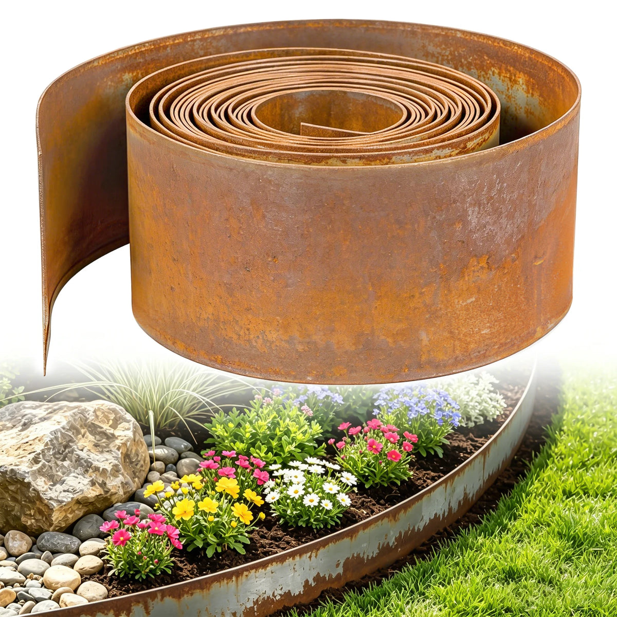 10m Corten Steel Lawn Edging – 15cm High, 0.6mm Thick Flexible Landscape Border.