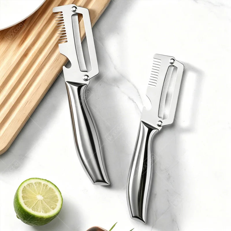 Multi-Function Vegetable Peeler – Stainless Steel Blade Kitchen Peeler with Wooden/Steel Handle & Bottle Opener.