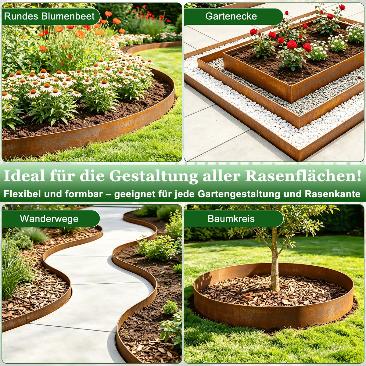 10m Corten Steel Lawn Edging – 15cm High, 0.6mm Thick Flexible Landscape Border.