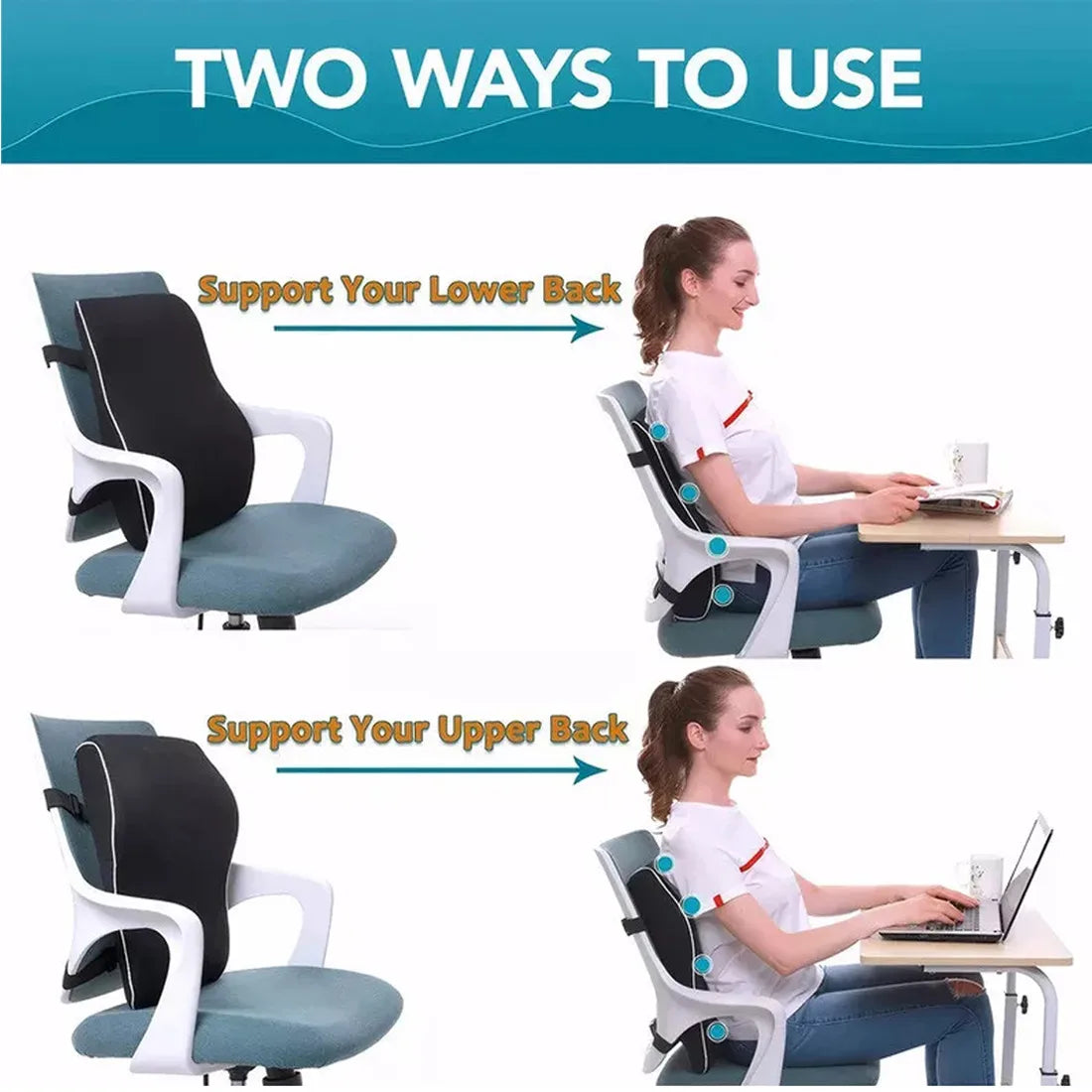 Memory Foam Seat & Lumbar Support Cushion – Ergonomic Backrest Pillow for Office Chair, Car & Home.