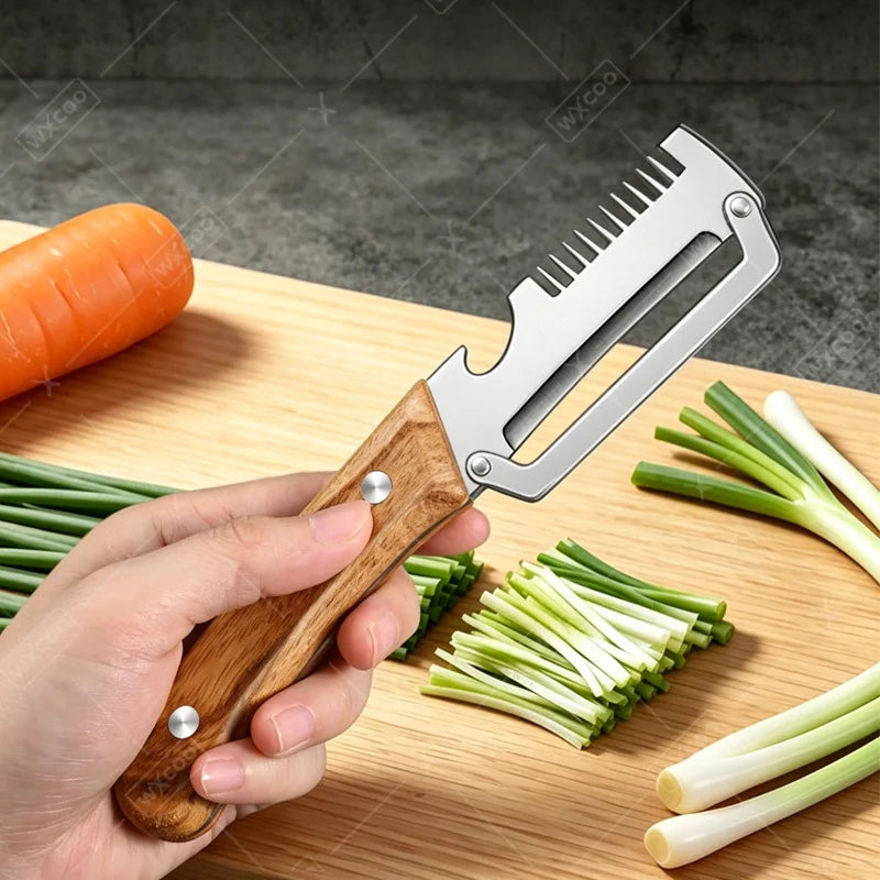 Multi-Function Vegetable Peeler – Stainless Steel Blade Kitchen Peeler with Wooden/Steel Handle & Bottle Opener.