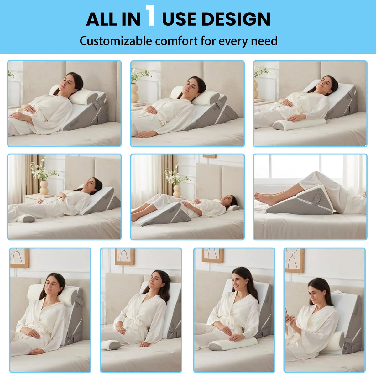 Adjustable Memory Foam Bed Wedge Pillow with Headrest – Incline Support Cushion for Sleeping, Reading & Relaxation.