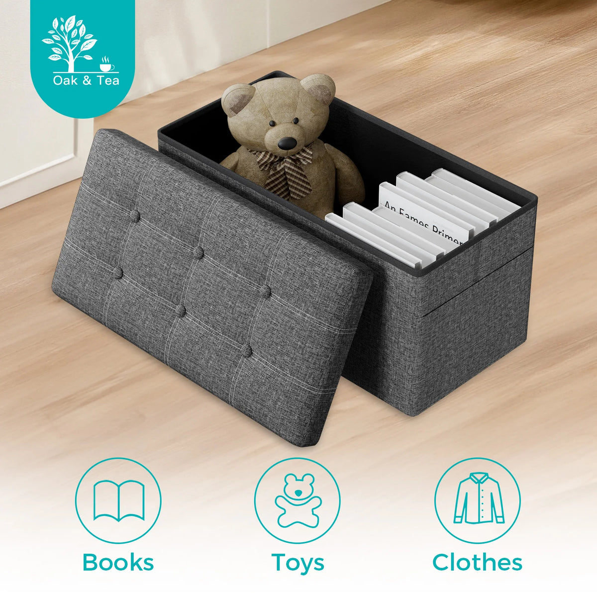 Folding Storage Ottoman Bench – 150kg Capacity, Hidden Storage & Padded Seat, 76 × 38 × 38cm.
