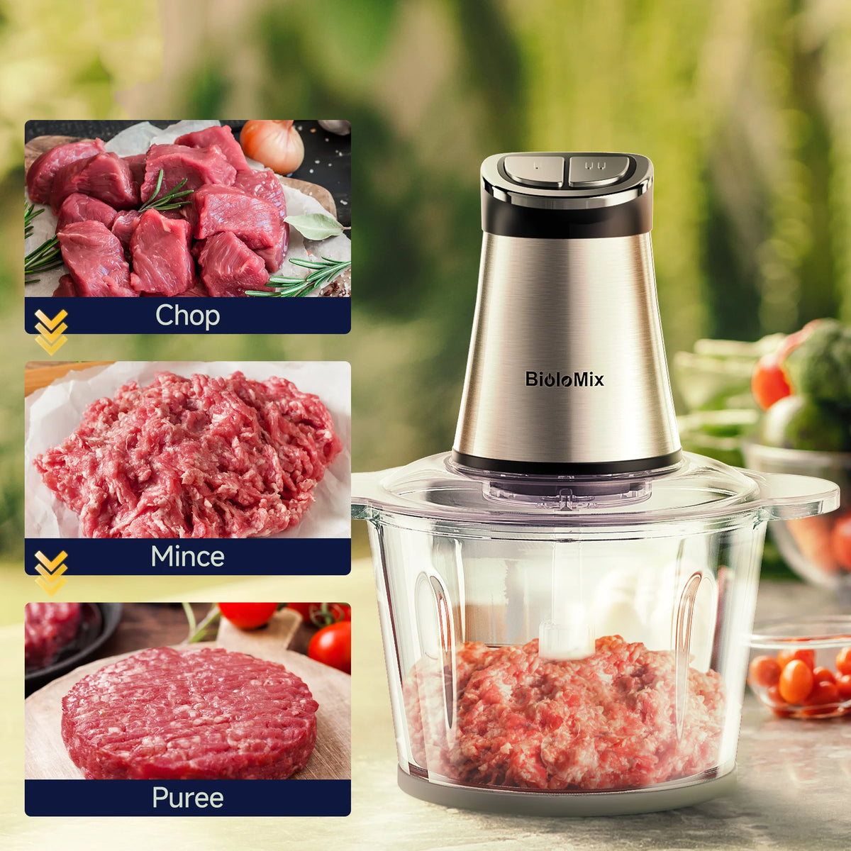 Mini Electric Food Chopper | 2-Bowl Food Processor with 4 Bi-Level Blades for Meat, Vegetables, Onions & Baby Food