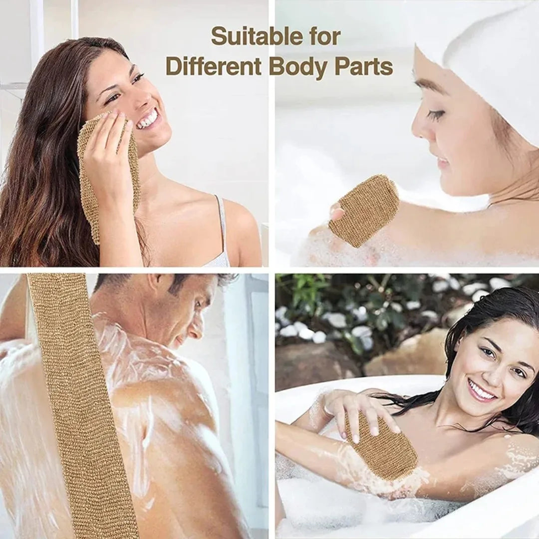 Hemp Back Scrubber Bath Towel with Gloves – Jute Exfoliating Loofah Back Strap Shower & Body Cleaning Kit.