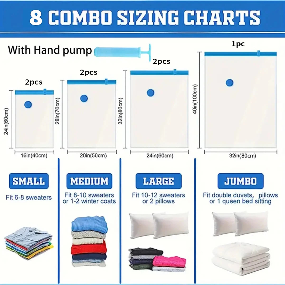 8/17-Piece Vacuum Storage Bags with Hand Pump – Space-Saving Clothing & Travel Storage Bags.