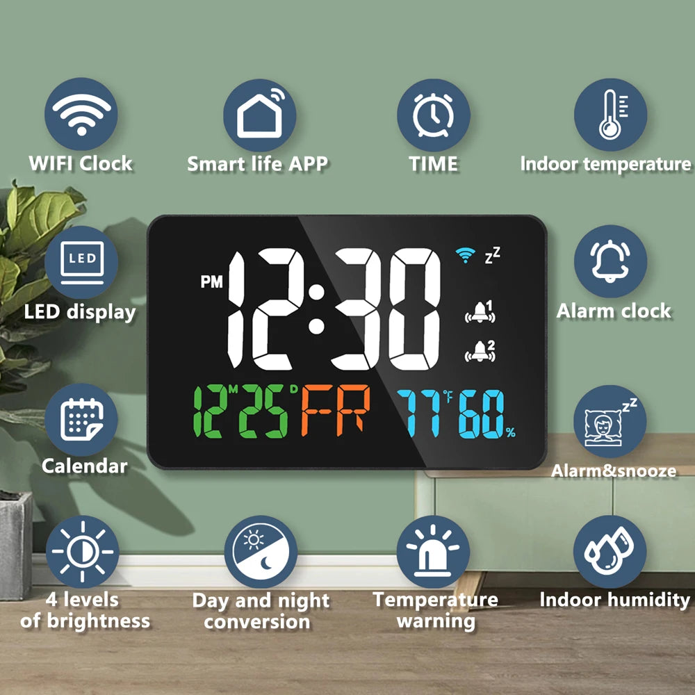 Smart WiFi Desktop Clock – Digital LED Calendar, Thermometer & Hygrometer with Auto-Calibration.