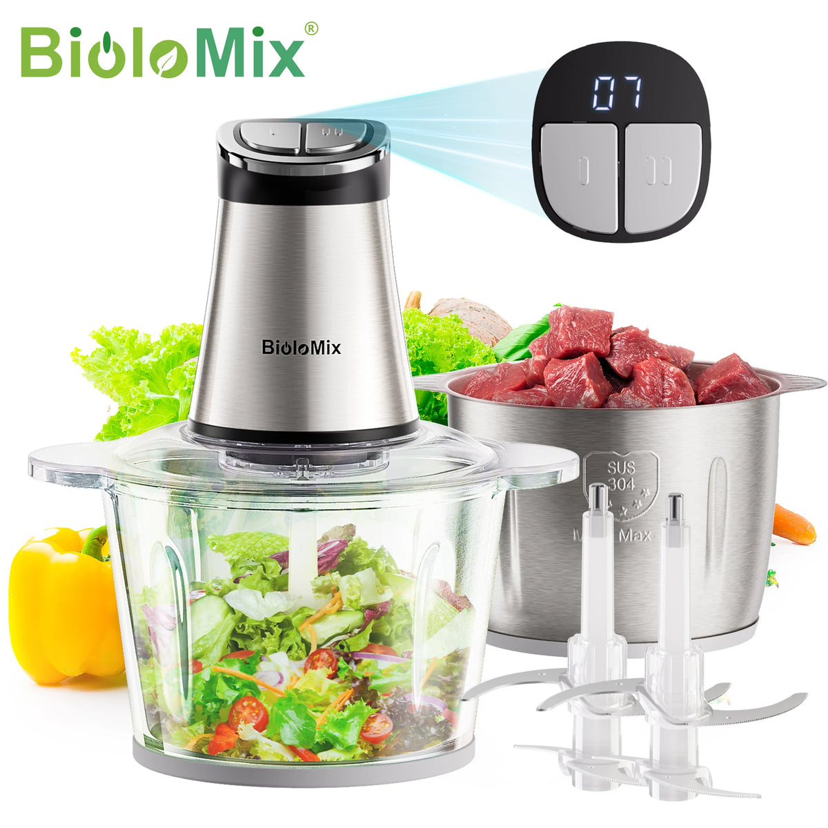 Mini Electric Food Chopper | 2-Bowl Food Processor with 4 Bi-Level Blades for Meat, Vegetables, Onions & Baby Food