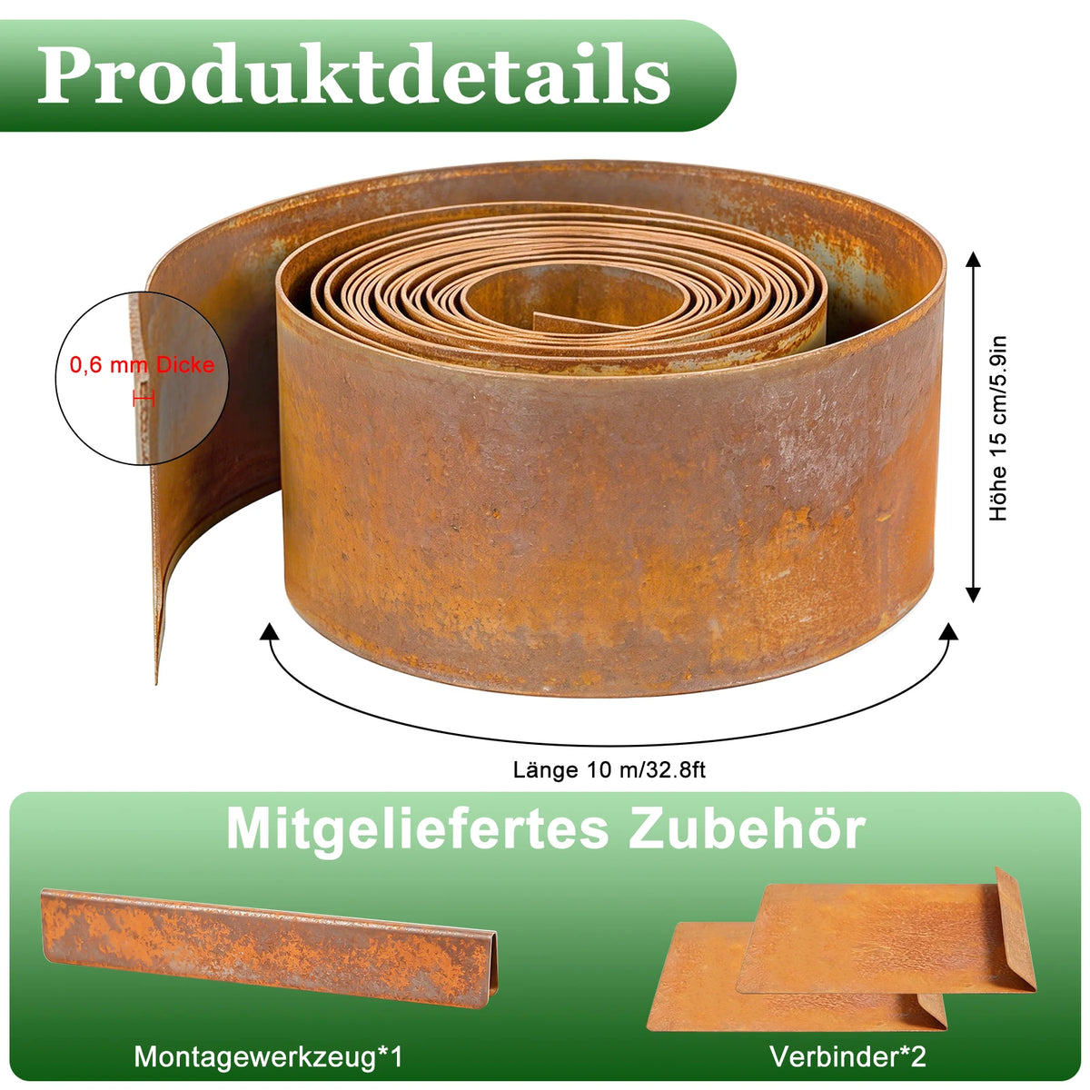 10m Corten Steel Lawn Edging – 15cm High, 0.6mm Thick Flexible Landscape Border.