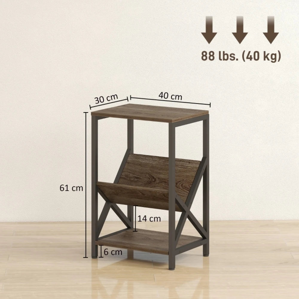 Narrow 3-Tier Side Table with Magazine Holder – Oak Finish, 40 × 30 × 61 cm.