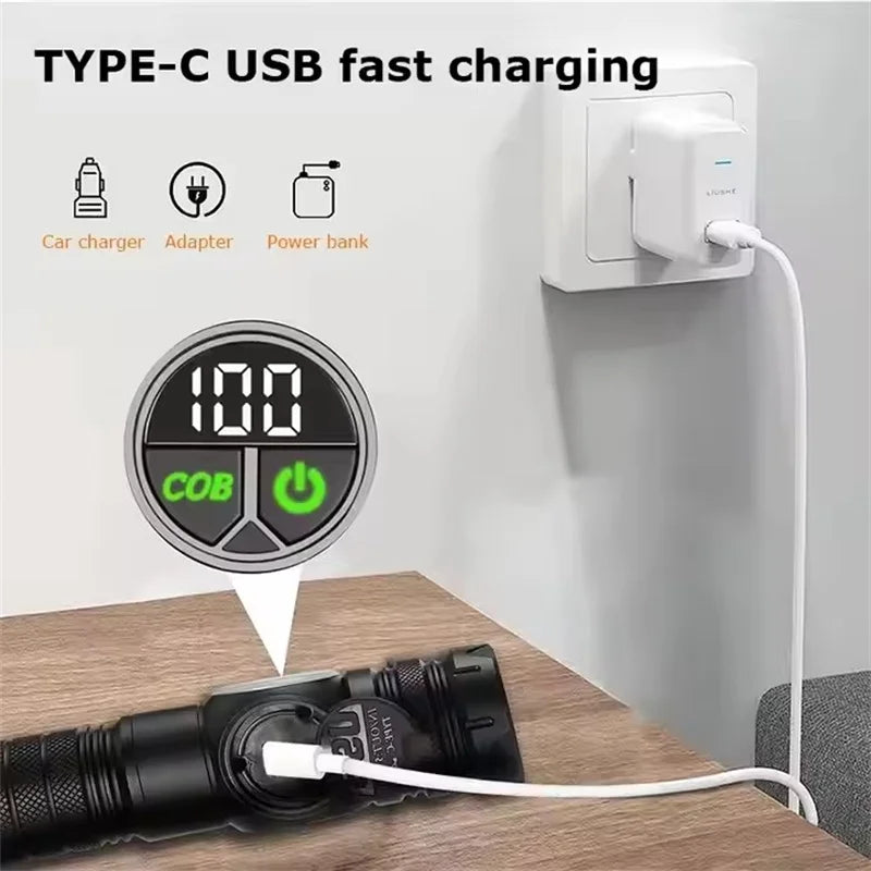 High-Power LED Flashlight – USB Rechargeable Tactical Torch with COB Side Light, Magnetic Base & Zoom.
