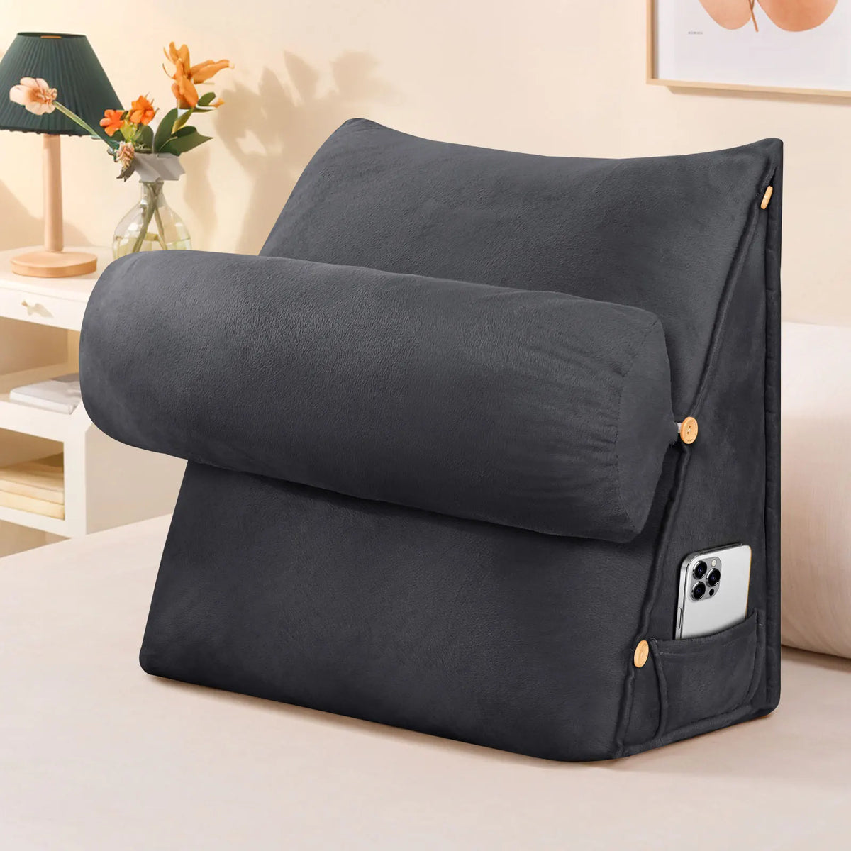 Ergonomic Back Support Pillow with Neck Roll – Wedge Cushion for Bed, Sofa & Chair.