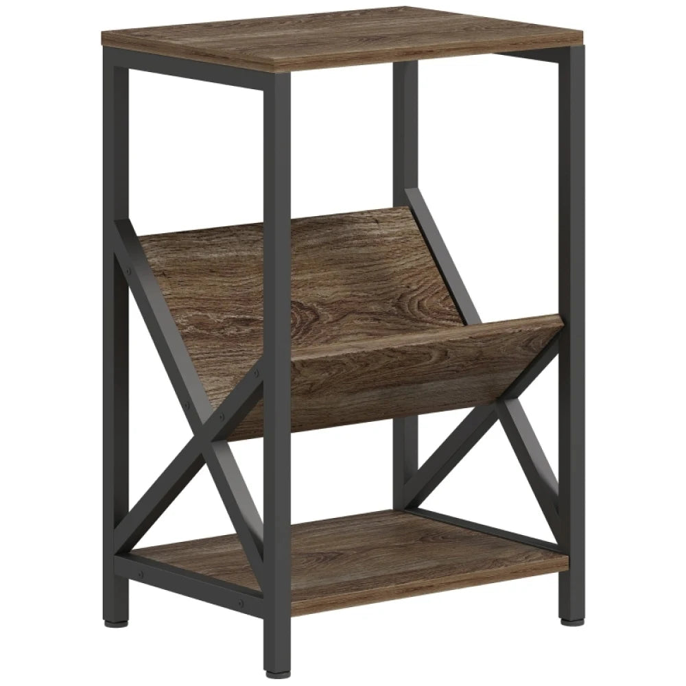 Narrow 3-Tier Side Table with Magazine Holder – Oak Finish, 40 × 30 × 61 cm.