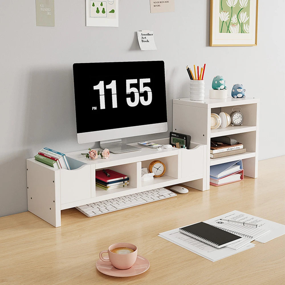 White Monitor Stand Riser with Drawers & Side Storage – Desktop Organizer & Laptop Support Shelf.
