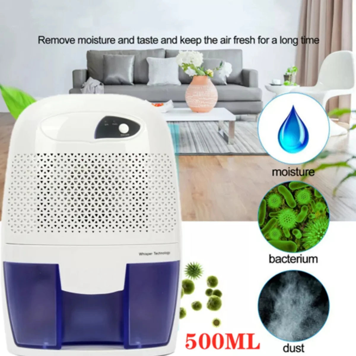 Electric Dehumidifier – Compact Moisture Absorber with 500ml Water Tank, Automatic Shut-Off for Bedroom, Bathroom & Small Rooms