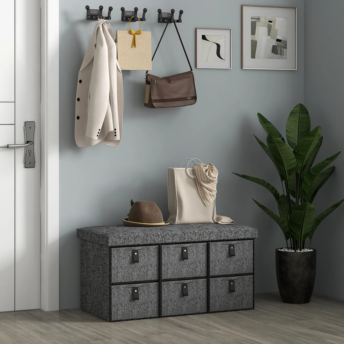Shoe Storage Bench with Padded Seat & Fabric Drawers – Dark Grey.