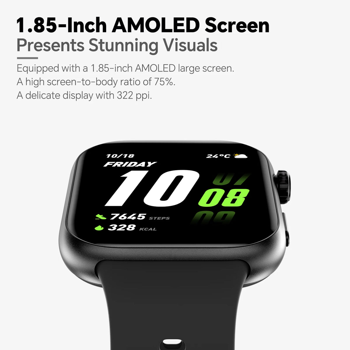 1.85" AMOLED Smartwatch with Bluetooth Calling, 14-Day Battery, 109 Sports Modes & 24/7 Health Tracking.