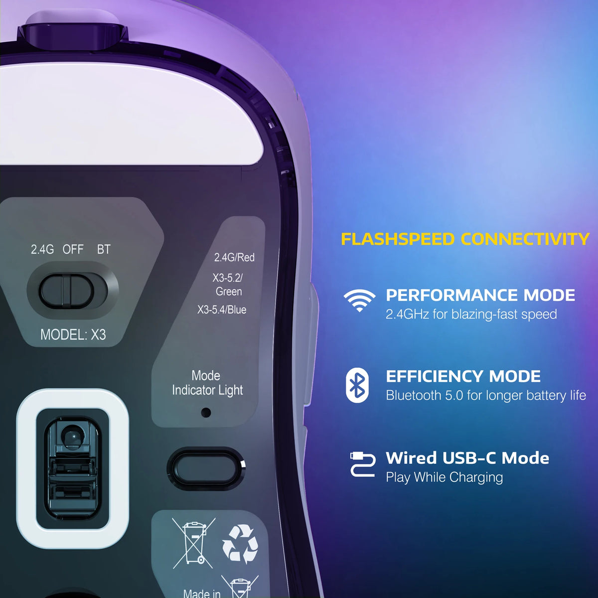 ATTACK SHARK X3 Wireless Gaming Mouse – 49g, PAW3395 26K DPI, Tri-Mode & Programmable Buttons.