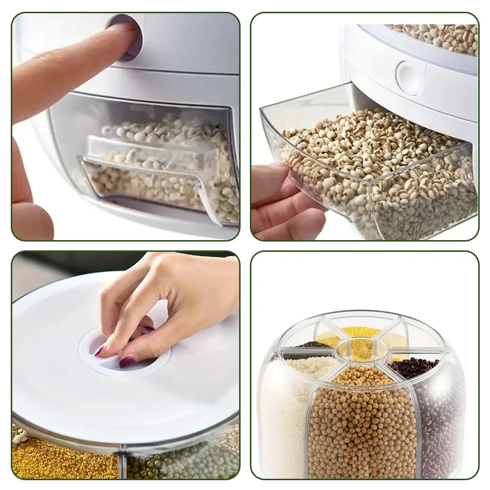 360° Rotating 6-Grid Food Dispenser – Airtight Grain & Cereal Storage Container, Moisture-Proof Kitchen Organizer.