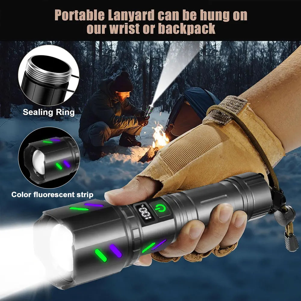 Zoomable Tactical LED Flashlight – USB Rechargeable Torch with Focused Beam, Laser Pointer & Outdoor Light.