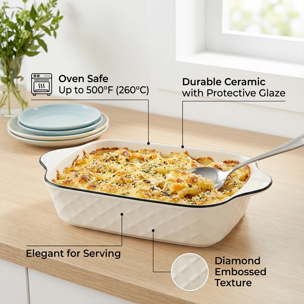 3-Piece Ceramic Baking Dish Set – 950ml Diamond Pattern Oven Dishes with Handles, Microwave & Oven Safe Lasagna Casserole Trays for Baking & Serving.