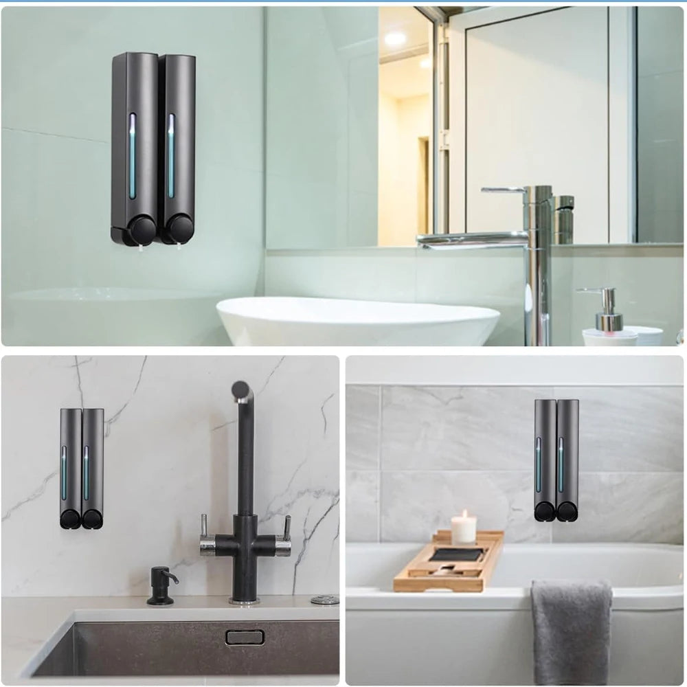 2/3-Chamber No Drill Wall-Mounted Soap Dispenser – 380ml Shampoo, Conditioner & Shower Gel Dispenser.