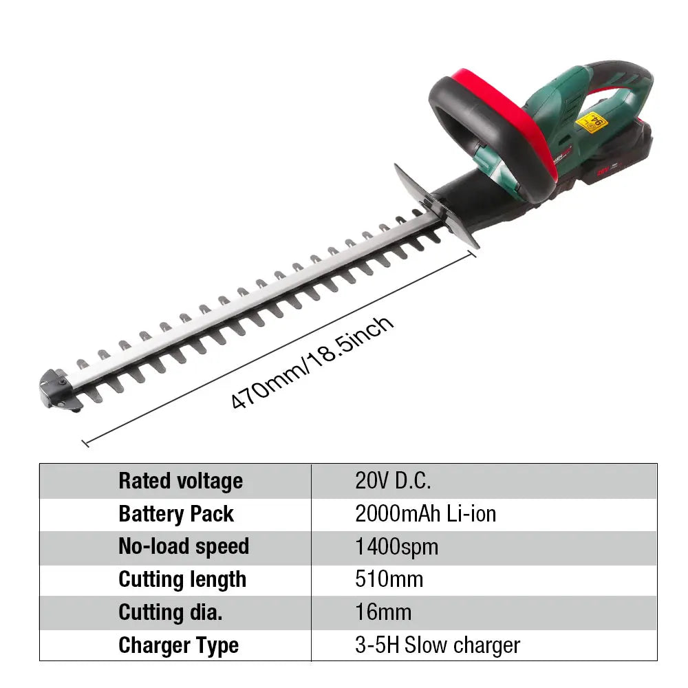 20V Hedge Trimmer – 510mm Blade, 2.0Ah Battery.