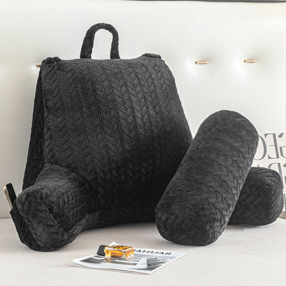 Adult Reading Pillow with Arms & Pockets – Ergonomic Backrest Cushion for Bed, Sofa & Lounging.