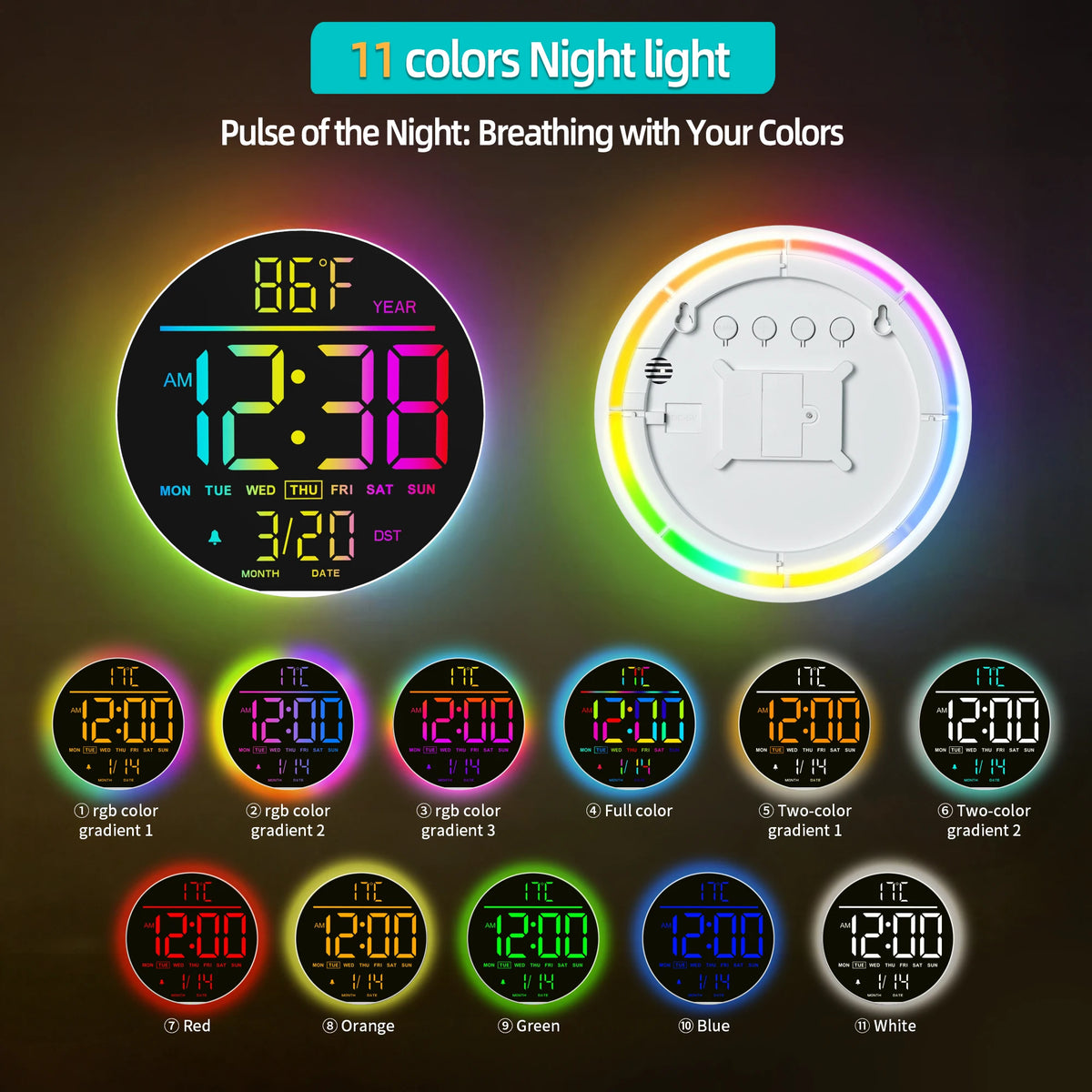 10-Inch RGB Digital Wall Clock – 11-Colour Modes, Remote Control, Dual Alarm, Night Light, Temperature & Date Display.