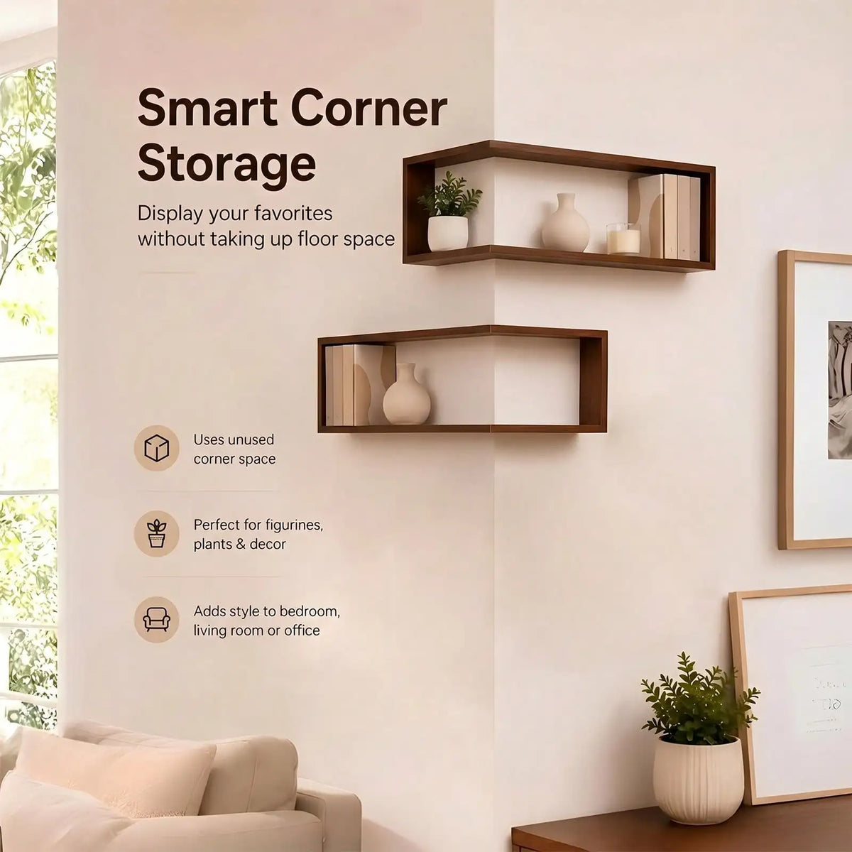 Set of 3 Wooden Floating Corner Shelves – Wall-Mounted Storage & Display Rack.