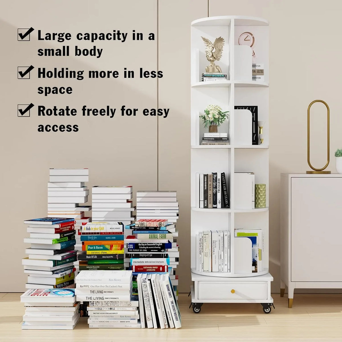 4-Tier Rotating Wooden Bookshelf with Drawer & Wheels – Movable Corner Storage Rack for Home, Study & Bedroom.