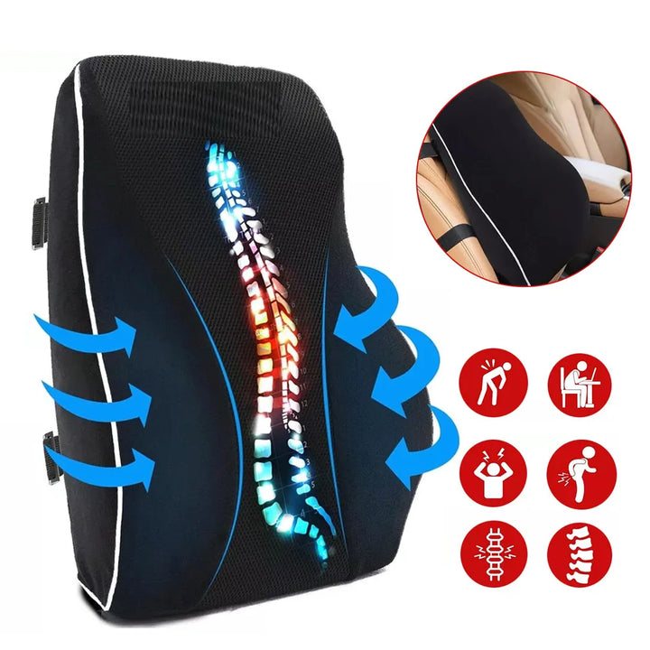 Memory Foam Seat & Lumbar Support Cushion – Ergonomic Backrest Pillow for Office Chair, Car & Home.
