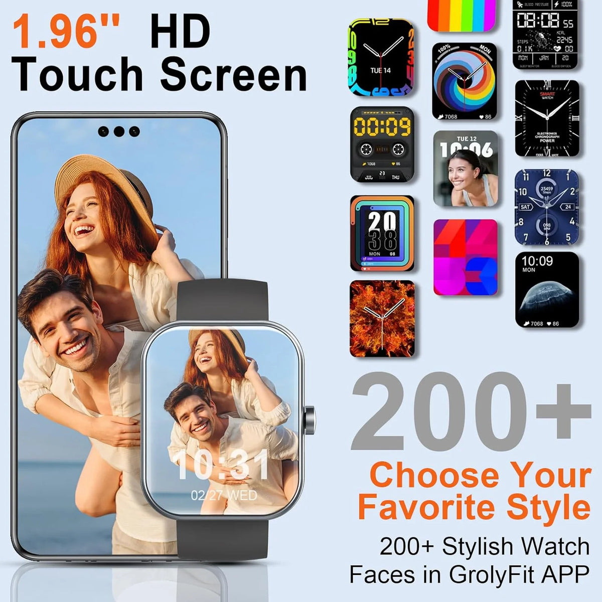 1.96" Smartwatch with Bluetooth Calling, Fitness Tracker, Sleep Monitor, 100+ Sports Modes & IP68 Waterproof.