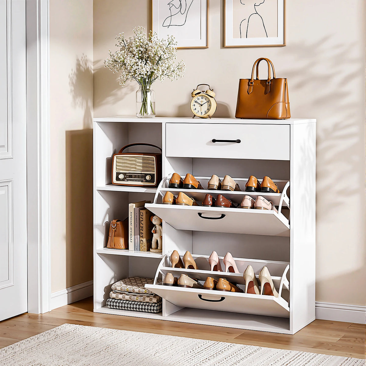 4-Tier Shoe Storage Cabinet with Drawer & Side Cupboard – Modern Flip-Down Shoe Organiser.