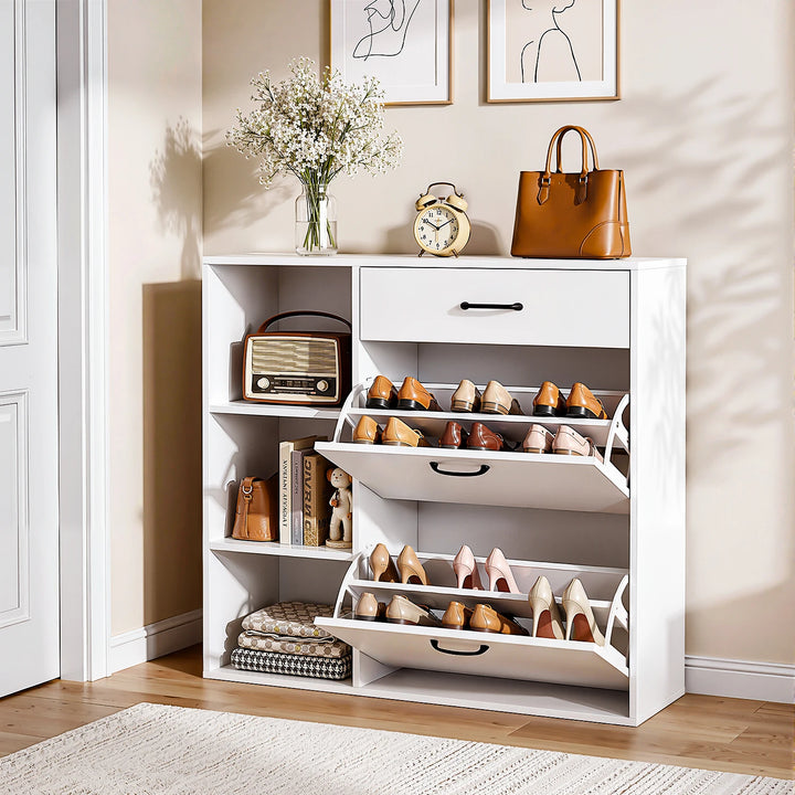 4-Tier Shoe Storage Cabinet with Drawer & Side Cupboard – Modern Flip-Down Shoe Organiser.